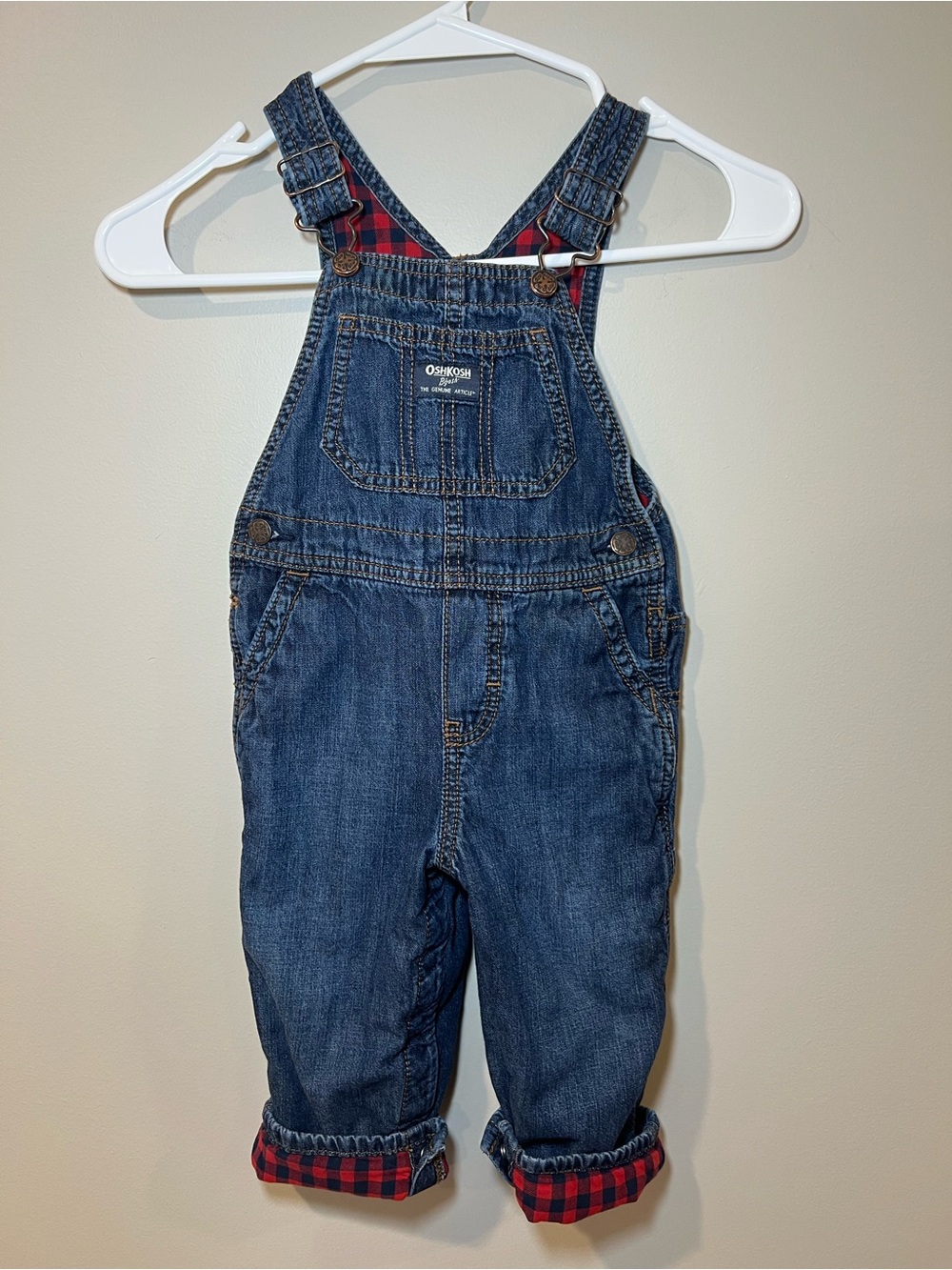 OshKosh B’gosh Toddler Denim Overalls 24M Flannel Lined Buffalo Plaid Cuffed